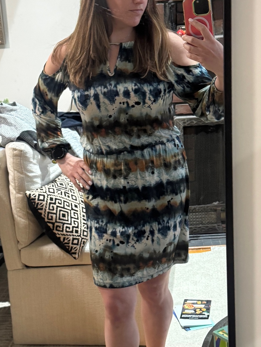 NWT Veronica M Blue and Brown Tie-Dye Cold-Shoulder Midi Dress